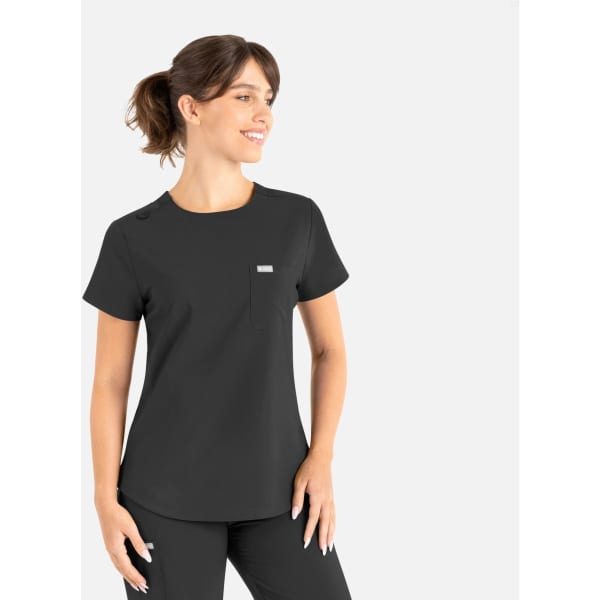 A black round neck scrub top with a pocket and a logo, featuring a relaxed fit and short sleeves.