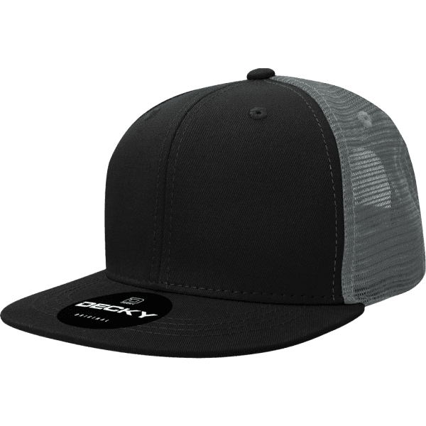 A black trucker cap with a grey mesh back and a logo on the front panel.