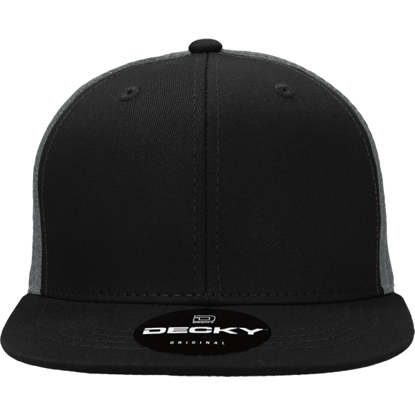 A black high-profile structured trucker cap with a grey panel and a logo on the front.