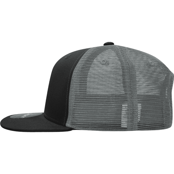 A black and grey trucker cap featuring a structured six-panel design and a mesh back with a logo.