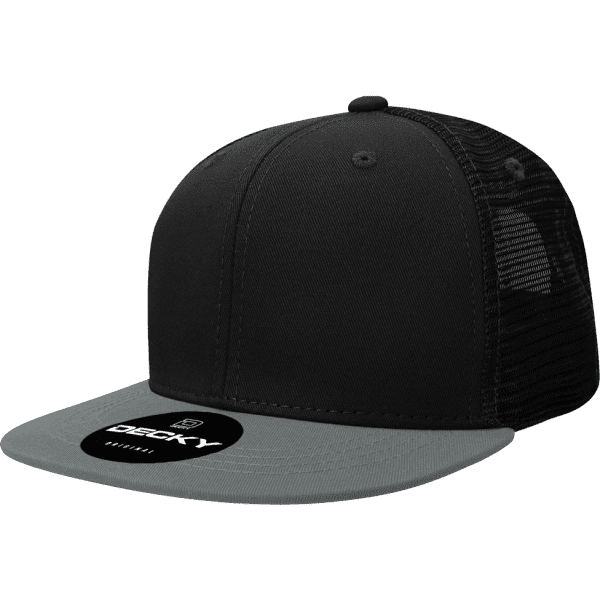 A black and grey trucker cap featuring a solid front and mesh back, with a logo on the front.