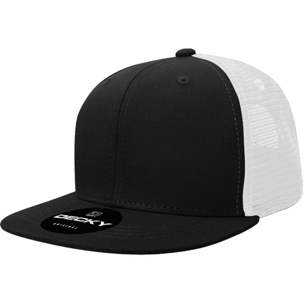 A black and white trucker cap with a solid front panel and mesh back, featuring a logo on the front.