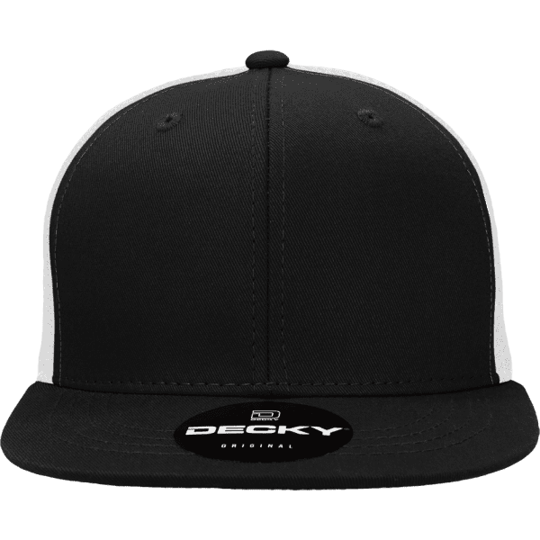 A high-profile structured trucker cap in black with white visor and a logo on the front.