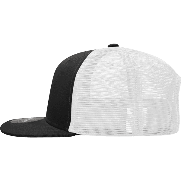 A black and white high-profile structured trucker cap with a mesh back and a logo on the front.