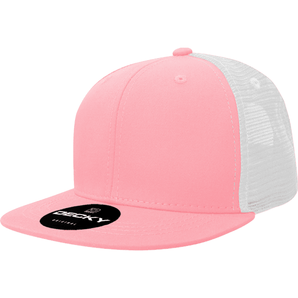 A pink trucker cap with a white mesh back and a logo on the front.