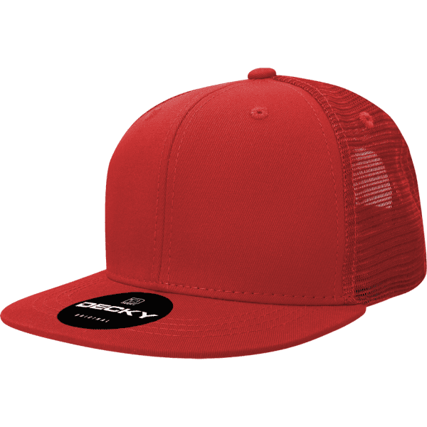 A red trucker cap featuring a solid front panel and mesh back, with a logo on the front.