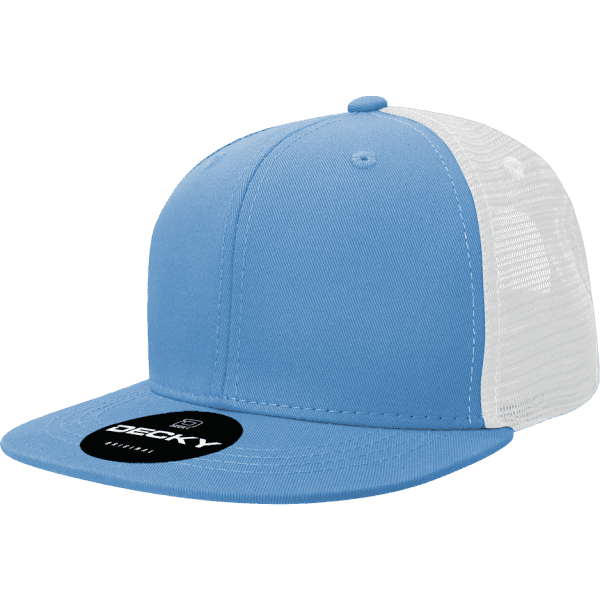 A light blue and white trucker cap featuring a front panel and mesh back, complete with a logo.