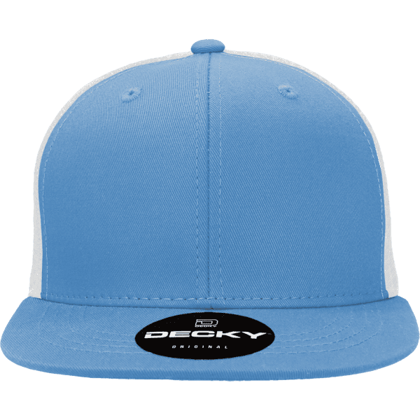 A blue and white high-profile structured trucker hat with a branded tag on the front.