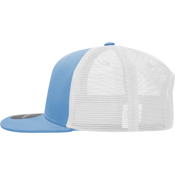 A structured trucker cap in blue with a white mesh back and a logo on the side.