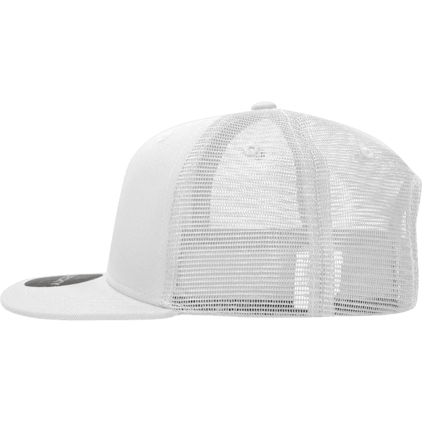 A white high-profile structured trucker cap with a mesh back and a curved brim, featuring a logo.