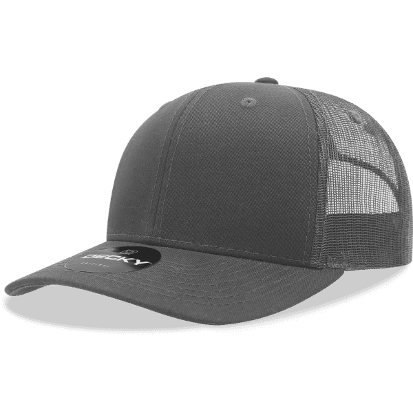 A grey trucker cap featuring a solid front and mesh back, complete with a logo on the front.