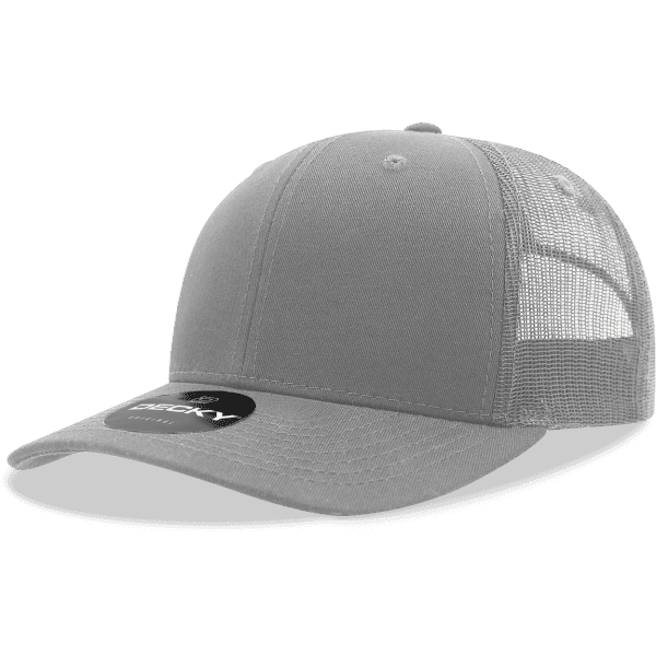 A grey 6-panel mid pro cotton trucker cap with a mesh back and a logo on the front.