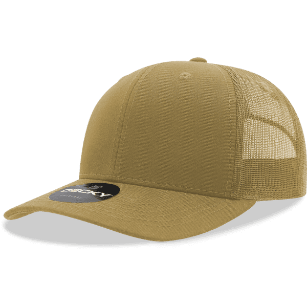 A khaki trucker cap featuring a solid front panel and mesh sides, with a logo on the front.