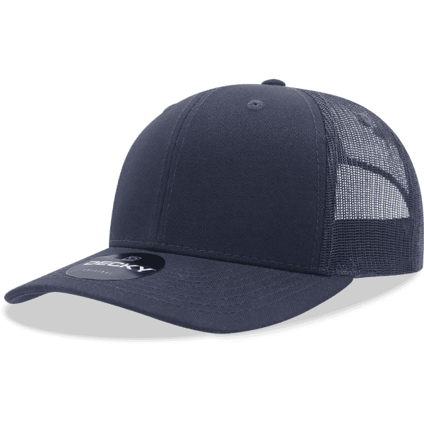 A navy blue trucker cap with mesh sides and a fitted front panel, featuring a logo on the front.