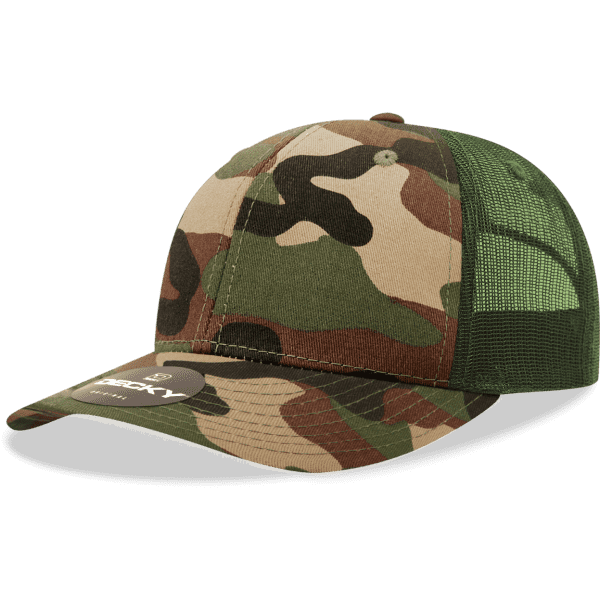 A camo-patterned trucker cap in shades of green and brown, featuring a mesh back and a logo.