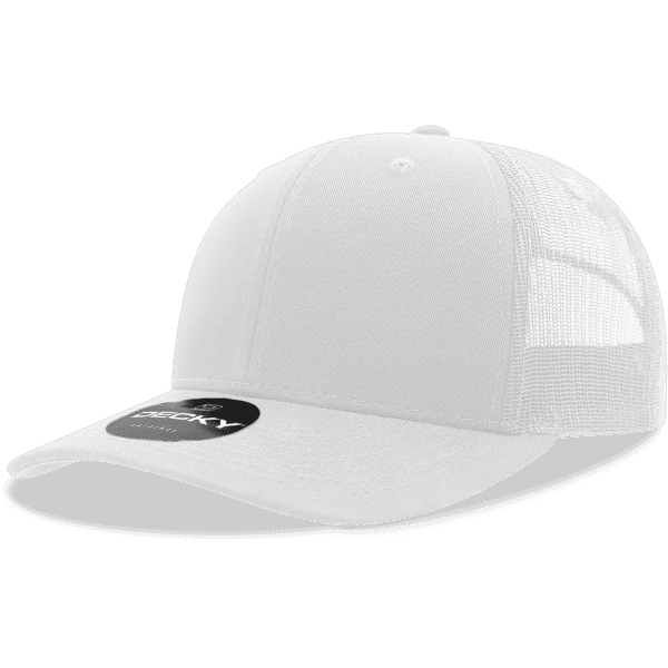 A white trucker cap with a solid front panel and mesh back, featuring a logo.