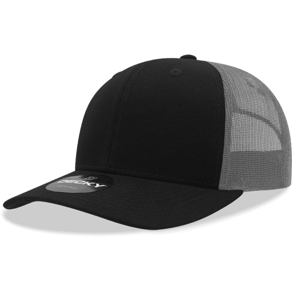 A black trucker cap with a grey mesh back and a branded logo on the front.