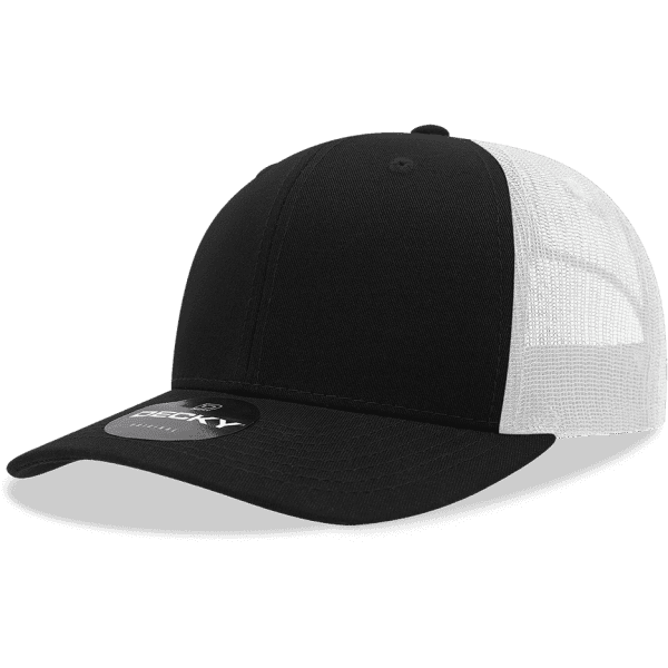 A black and white trucker cap with a mid-profile design and a logo on the front.