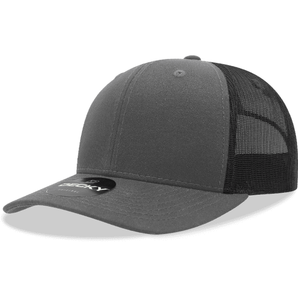A grey trucker cap with a six-panel design and mesh back, featuring a logo on the front.