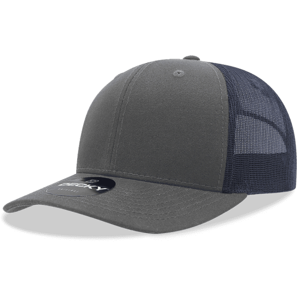 A grey trucker cap with a solid front panel and a mesh back, featuring a logo on the front.