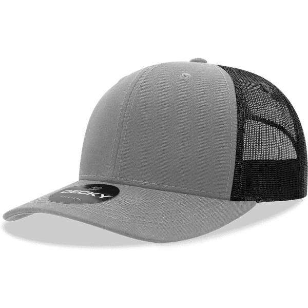 A grey trucker cap with a black mesh back and a branded logo on the front.