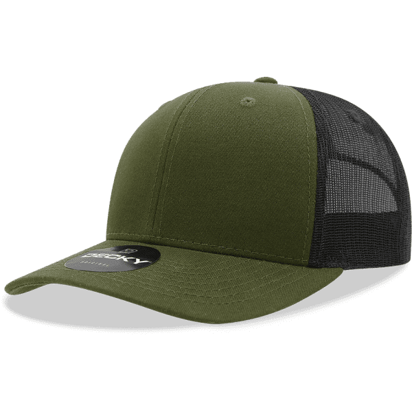 An olive green trucker cap with a black mesh back and a logo on the front.