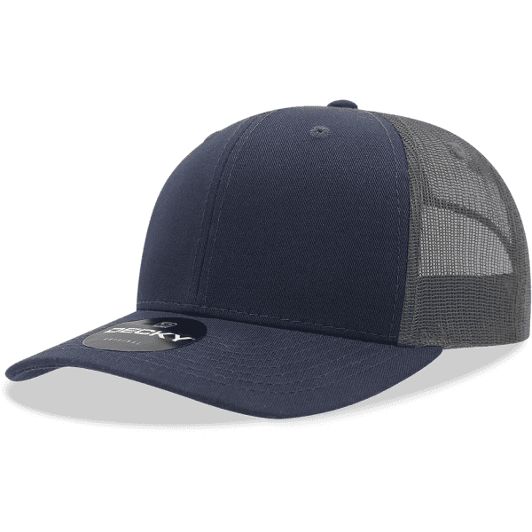A navy trucker cap featuring a solid front and mesh back, with a logo on the front panel.