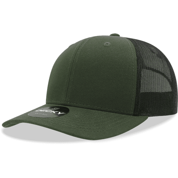 A green trucker cap with a solid front and mesh sides, featuring a logo on the underside of the brim.
