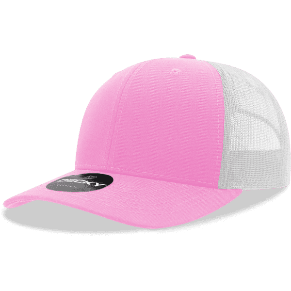 A pink trucker cap with a white mesh back, featuring a logo on the front.