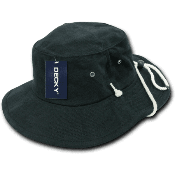 A dark green cotton bucket hat with a logo, featuring a drawstring and eyelets for ventilation.