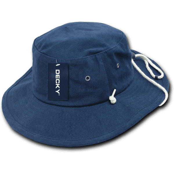 A navy blue cotton bucket hat with a white rope drawstring and a tag attached.