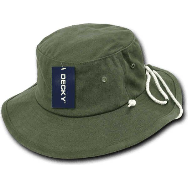 A green Cotton Aussie hat with a drawstring and a logo tag. Features a wide brim typical of bucket hats.