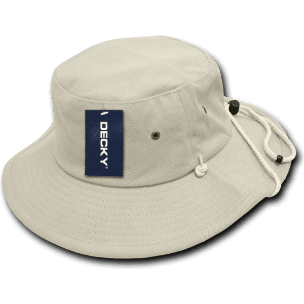 A beige cotton bucket hat featuring an adjustable chin strap and a logo tag.