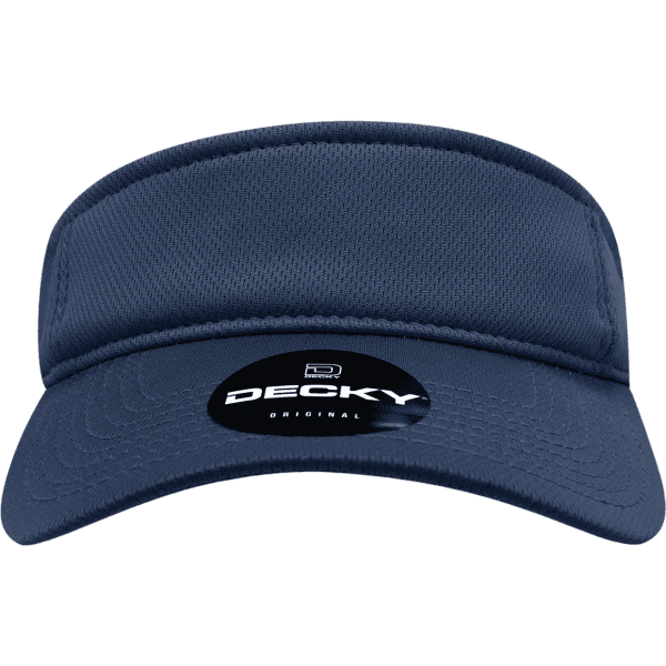 A navy mesh visor featuring a logo on the front and a curved brim.