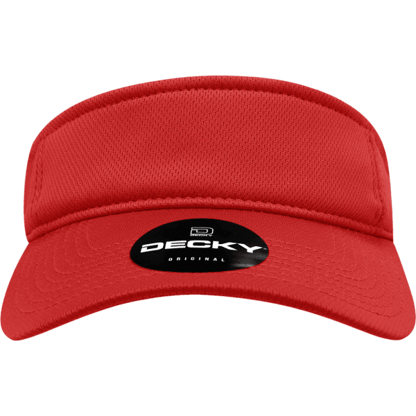 A red mesh visor with a wide brim and a logo on the front.