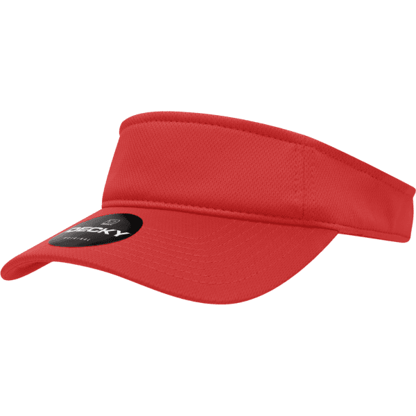 A red mesh visor with a wide brim and a logo on the front.