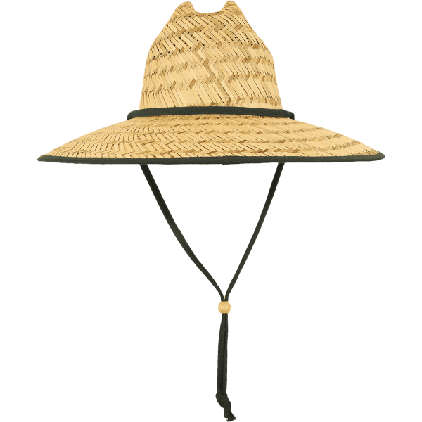 A straw lifeguard hat in natural tones with a black band and chin strap. It features a wide brim for sun protection.