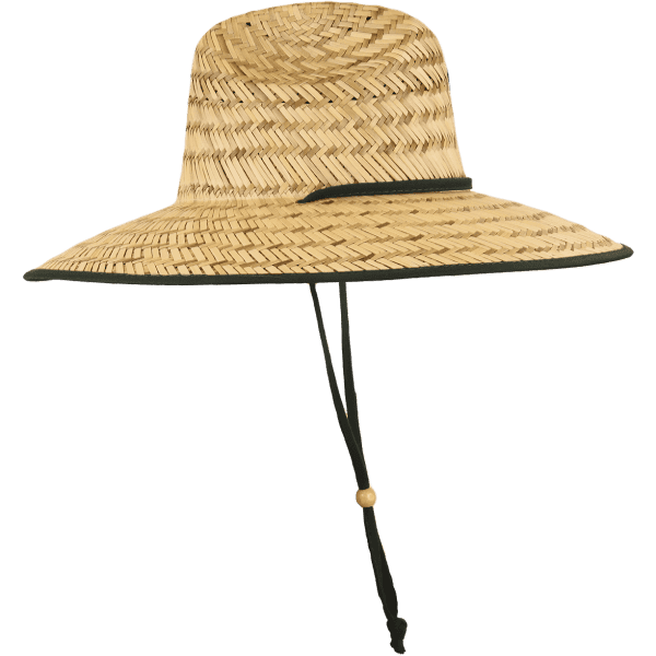 A straw lifeguard hat in natural tones with a wide brim and adjustable chin strap. It features a black accent.