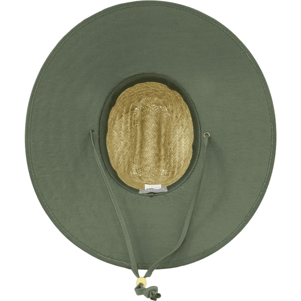 A green lifeguard hat with a wide brim and a straw centre, featuring a chin strap for secure wear.