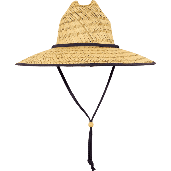 A straw lifeguard hat in natural tones with a wide brim and a adjustable black chin strap.