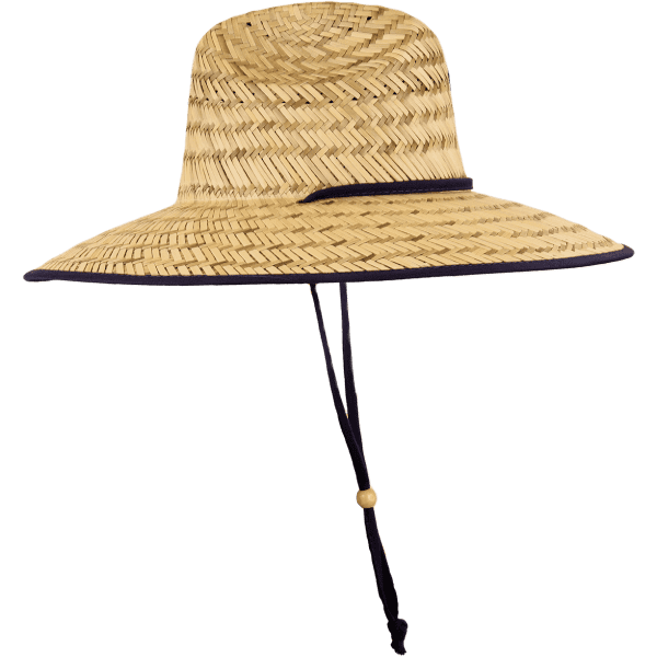 A straw lifeguard hat in natural tones with a navy trim and adjustable chin strap.