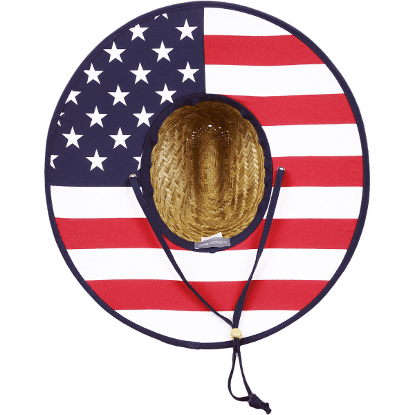 A wide-brimmed straw hat featuring a red, white, and blue flag design, with a woven interior and adjustable chin strap.