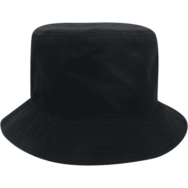 A black bucket hat with a wide brim, featuring a simple and sleek design. It has a logo on its side.