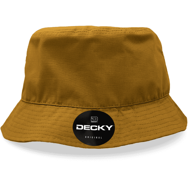 A brown ripstop bucket hat featuring a circular logo on the front.