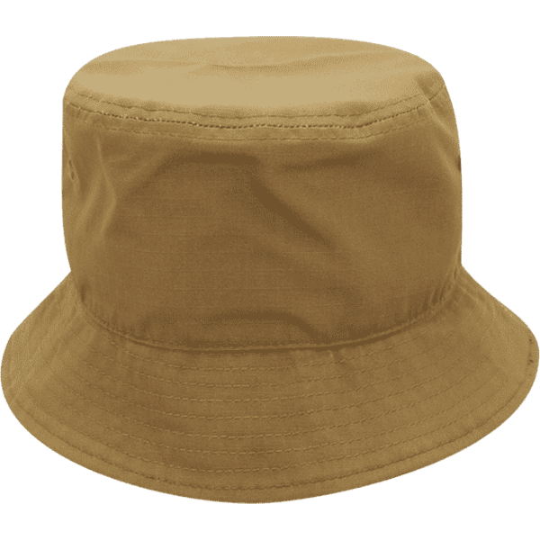 A relaxed bucket hat in a warm mustard colour with a wide brim and a simple design. Features a logo.