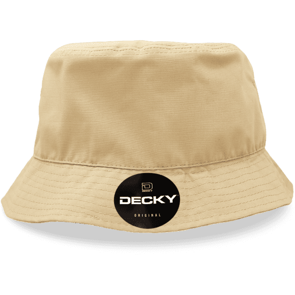 A beige ripstop bucket hat featuring a prominent logo on the front.