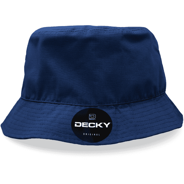 A navy blue bucket hat with a branded logo on the front.