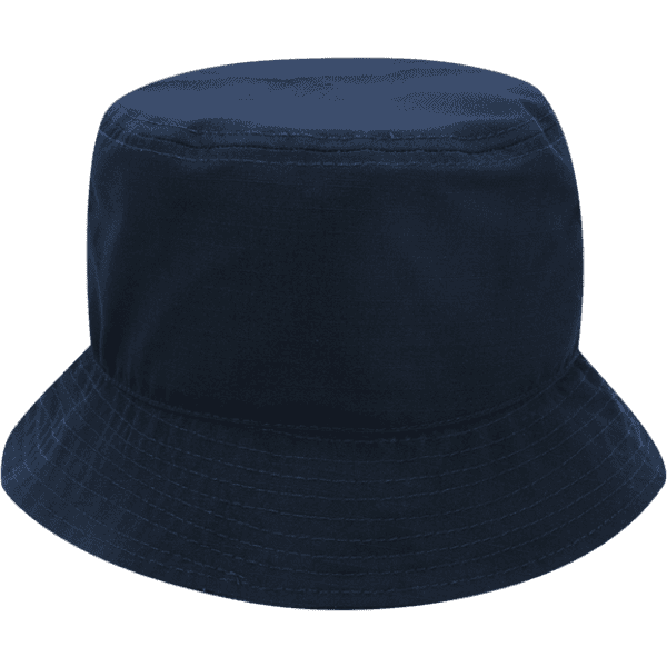 A navy blue bucket hat with a wide brim and a smooth fabric texture. It features a logo on the side.
