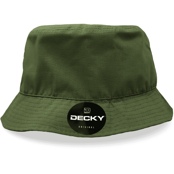 A green ripstop bucket hat with a branded tag on the front and a wide brim.