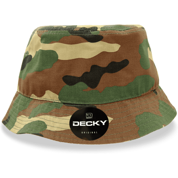 A camouflage bucket hat featuring a branded logo on the front and a wide brim.